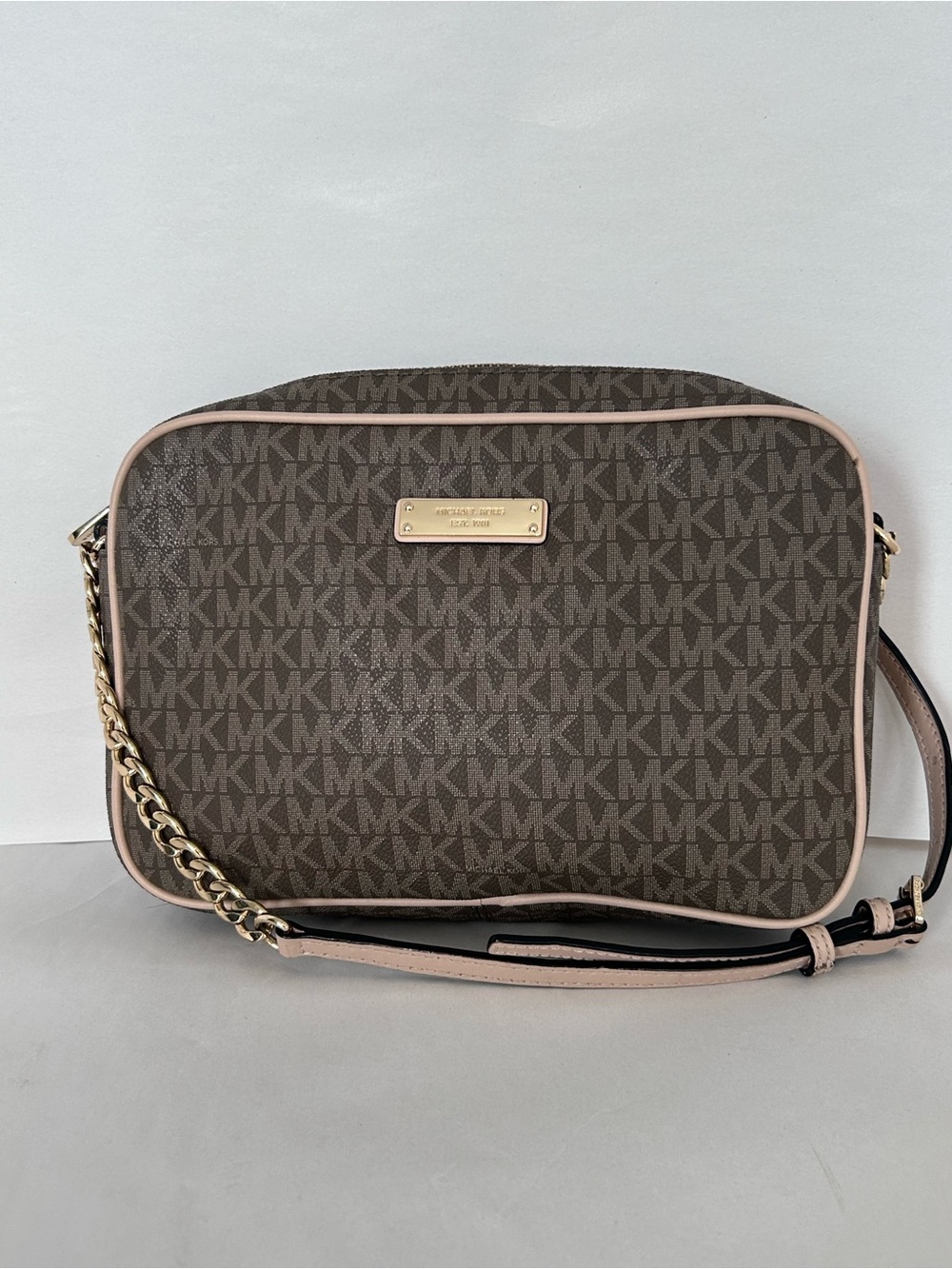 Michael Kors Brown Logo Crossbody with Pale Pink Trim